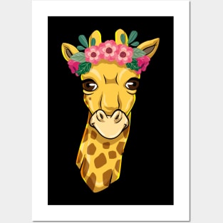 Giraffe with Wreath of flowers Posters and Art